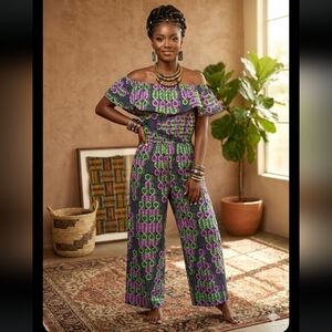 Purple and Green Off-Shoulder Jumpsuit